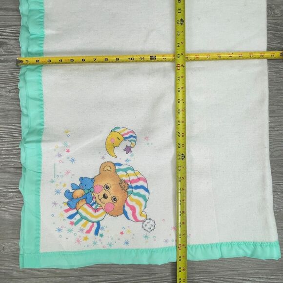 Vintage Riegel Teddy Beddy Bear Crib Blanket Green Trim 100% Polyester 36x45" - Picture 11 of 12